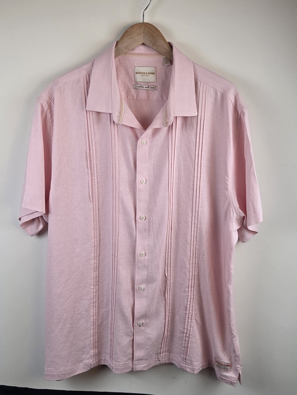 Scotch And Soda Shirt Mens 2XL Pink Short Sleeve Button Up Solid Linen Blend